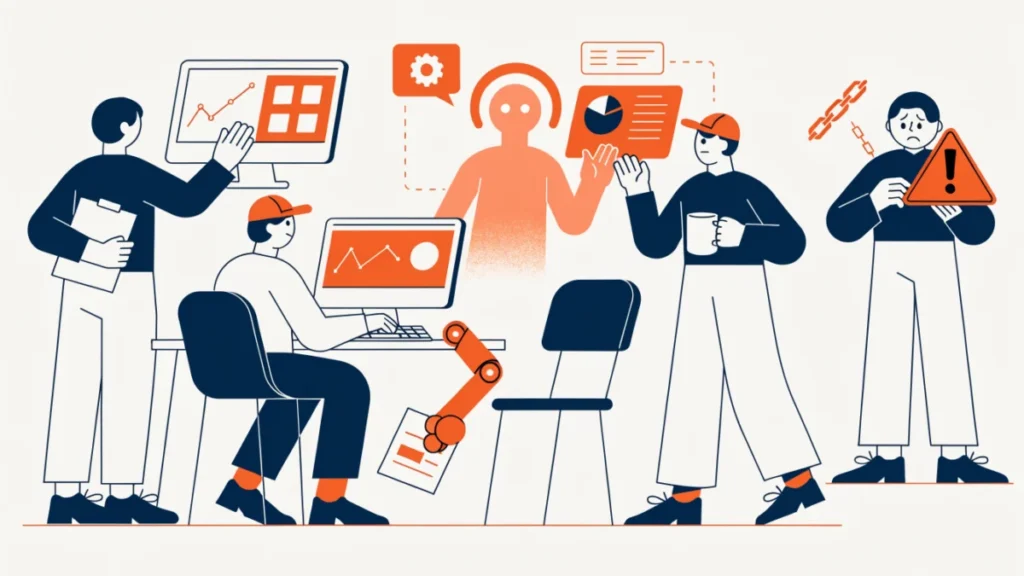 Office team using an AI assistant while one employee weighs data privacy risks
