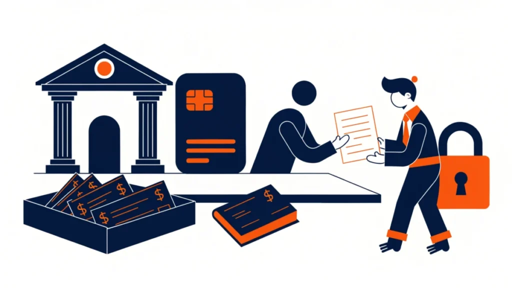 Business owner receiving a loan at a bank counter, illustrating commercial banks