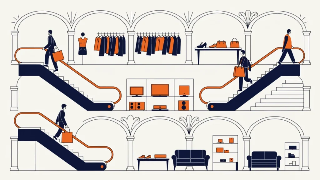 Shoppers on escalators in a multi-floor department store, illustrating departmental stores