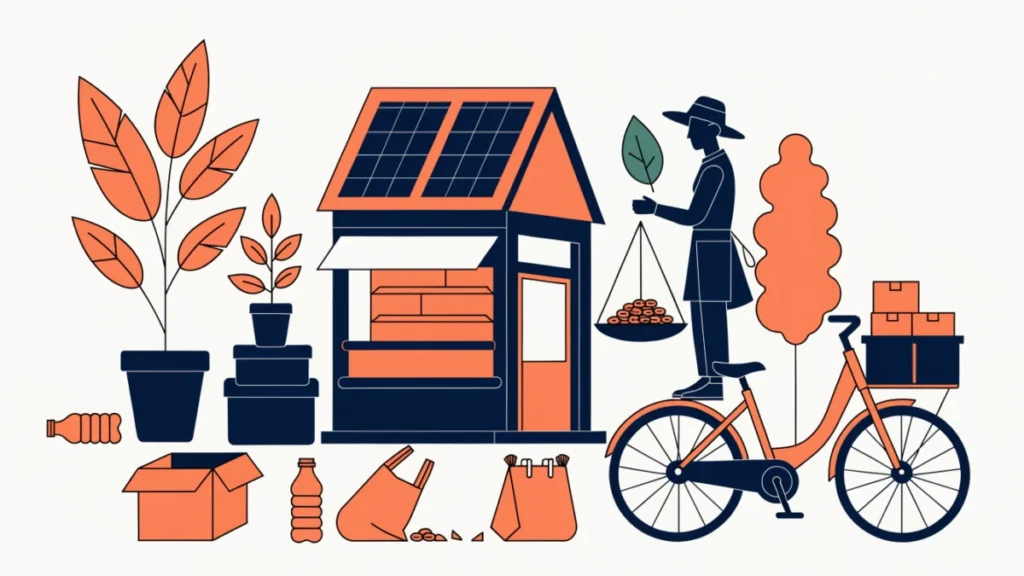 Eco-friendly shop owner weighing coins against a green leaf, illustrating pros and cons of green business