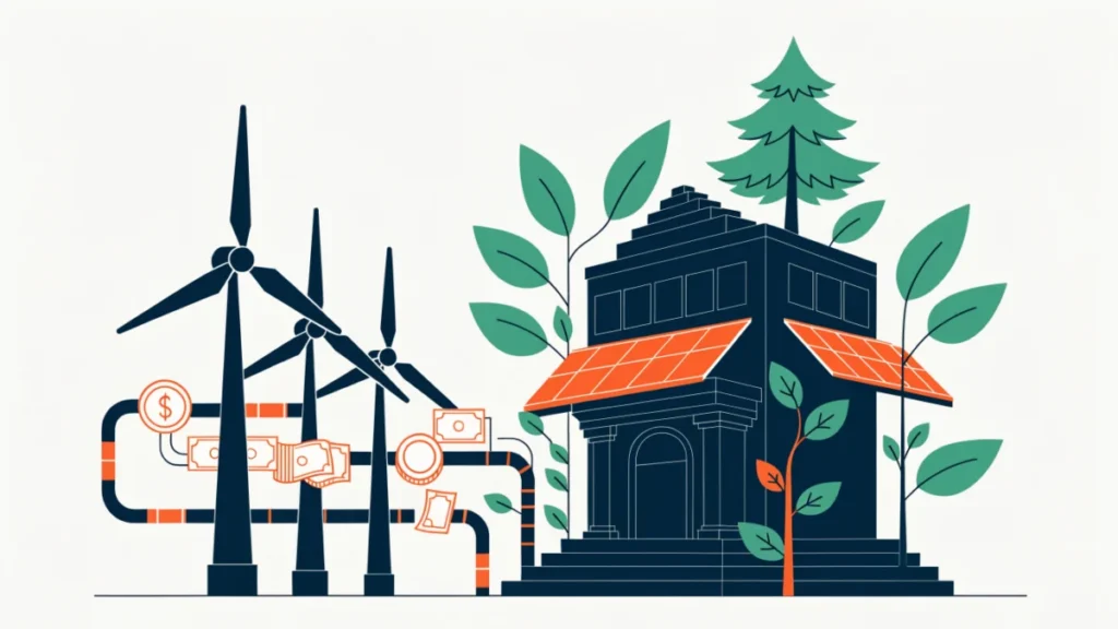Money flowing into wind turbines and solar panels, illustrating green finance
