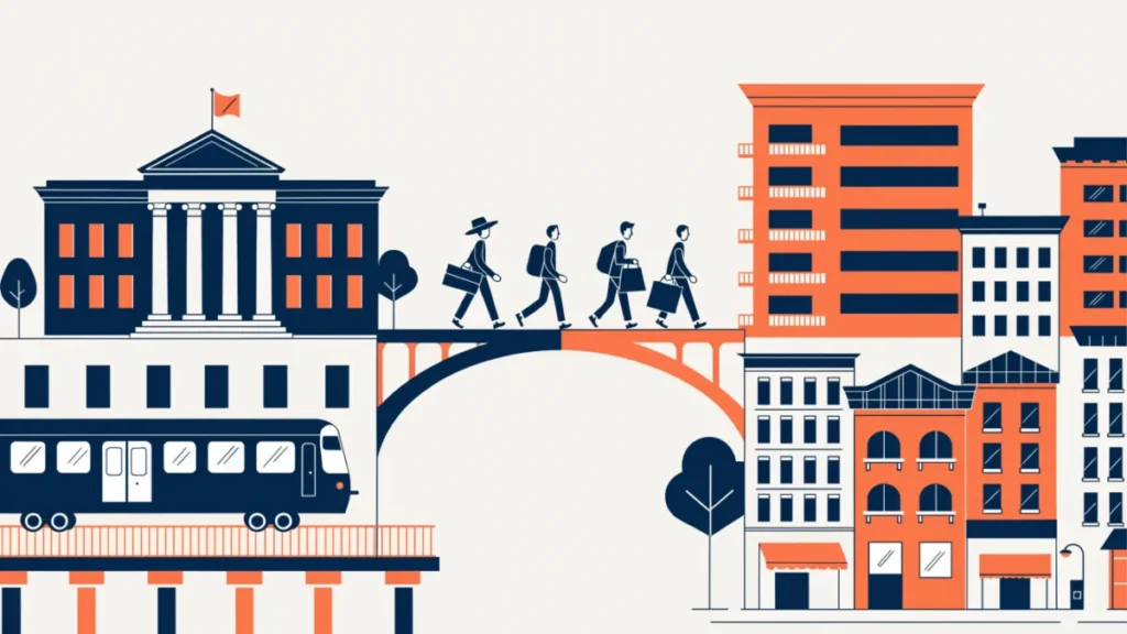 City split between public and private sectors joined by a bridge, illustrating a mixed economy