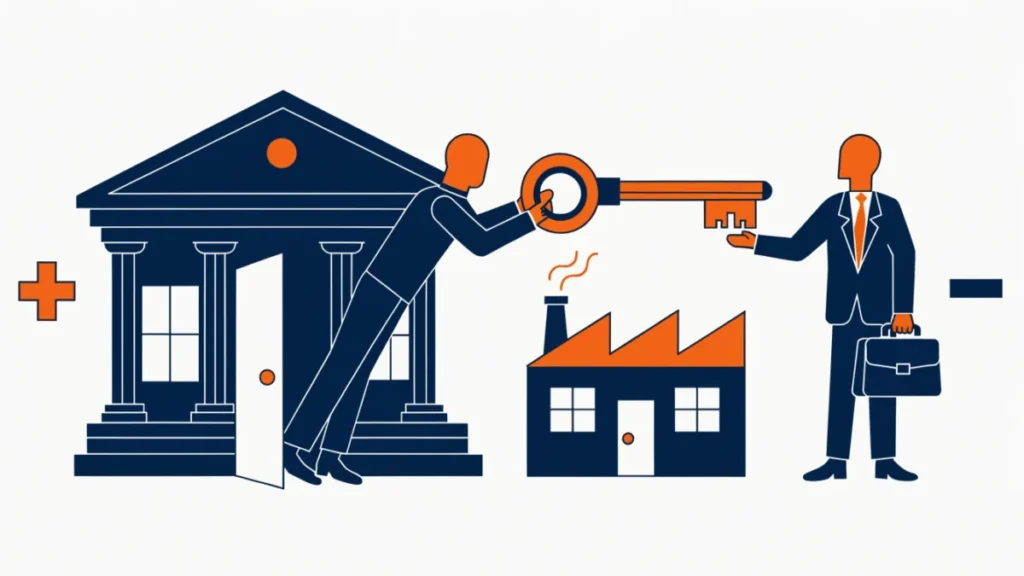 Government handing a key to a private business owner illustrating privatization