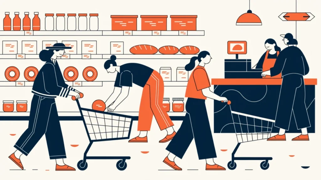 Shoppers with trolleys in a self-service supermarket, illustrating supermarkets