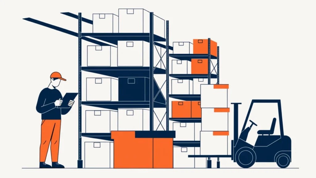 Modern warehouse with shelving, boxes and forklift illustrating warehousing