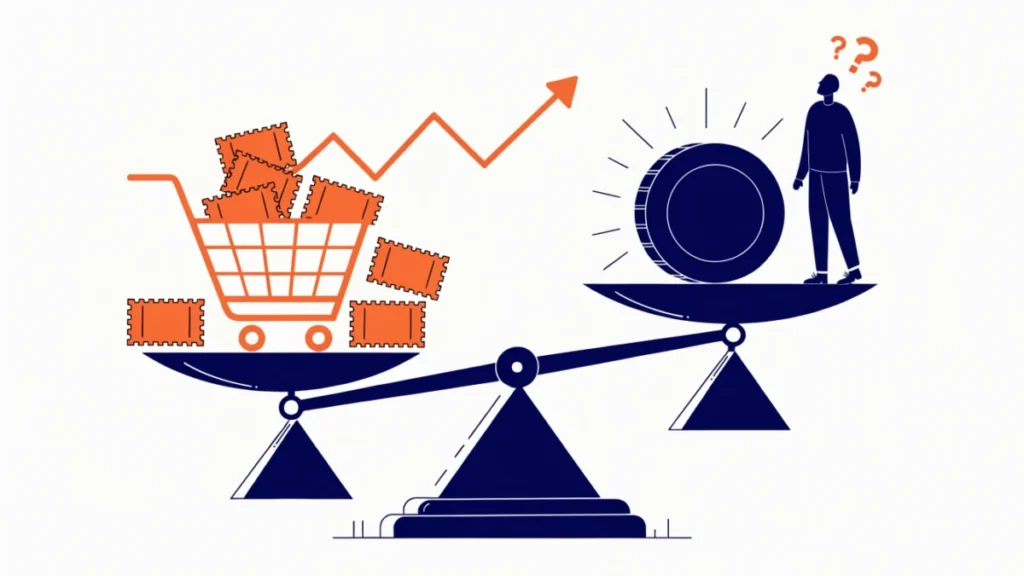 Scale weighing sales growth against lower profit, illustrating advantages and disadvantages of sales promotion