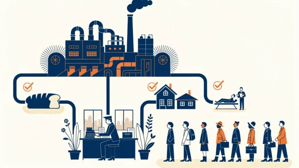State planning office sharing goods equally among citizens, illustrating a socialist economy