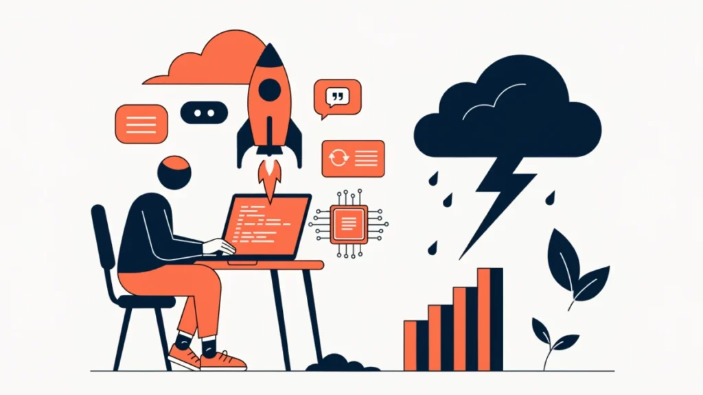 Tech founder with rocket and storm cloud, illustrating pros and cons of technopreneurship