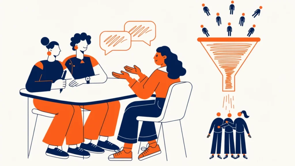 Hiring panel interviewing a candidate with a funnel of applicants, illustrating proper selection