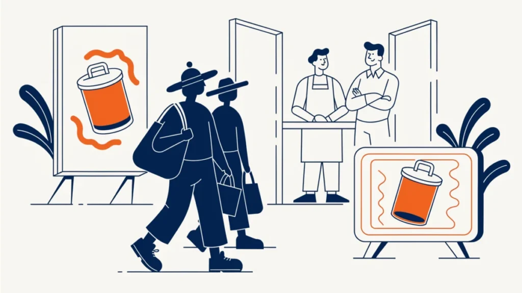 Shopkeeper and salesman welcoming customers drawn by a billboard ad, illustrating advertising for middlemen