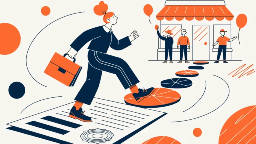 Entrepreneur walking from a business plan to an opening shop