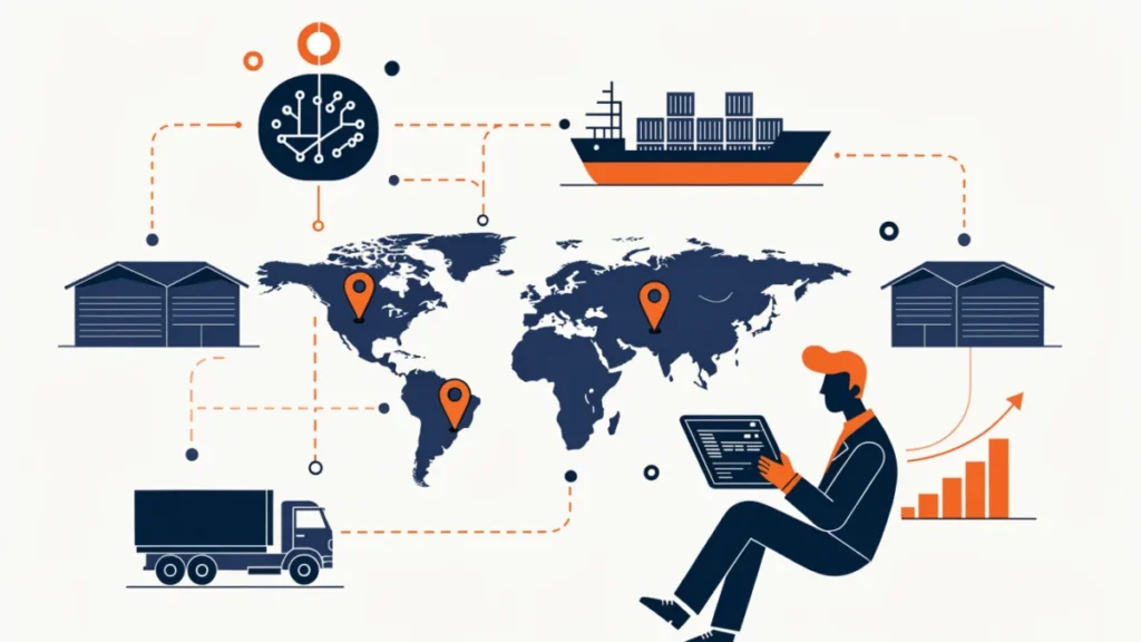 AI brain connected to a global supply chain map with ships and trucks