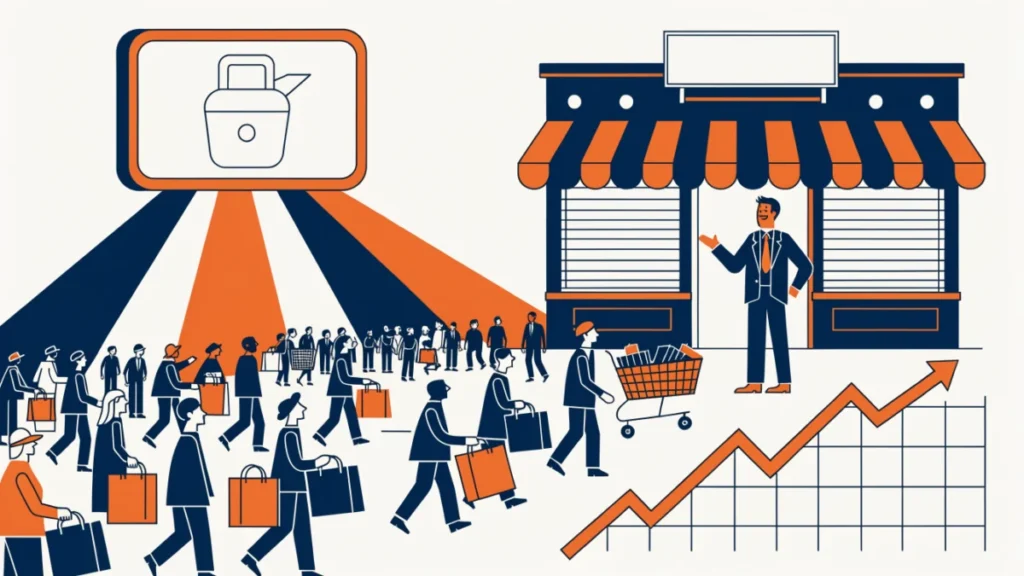 Billboard drawing shoppers into a store with rising sales, illustrating objectives of advertising
