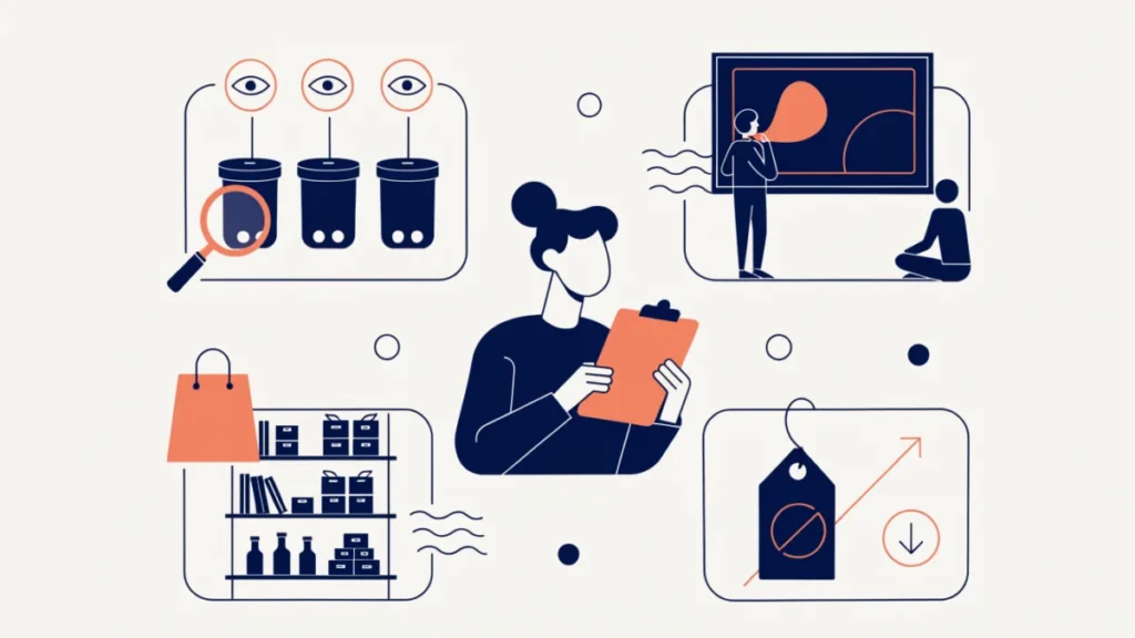 Researcher with panels on product, advertising, distribution and price, illustrating marketing research uses