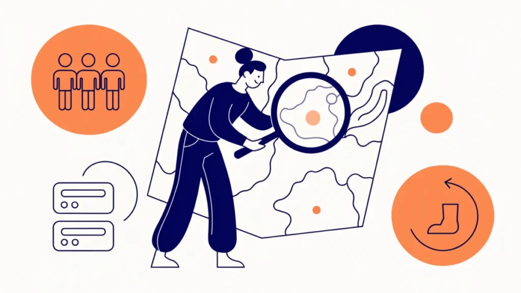 Planner studying a regional map with icons for company size, technology and planning steps