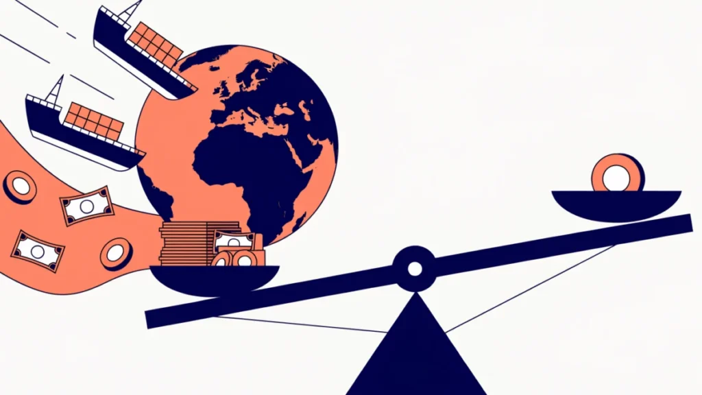 Tilted scale over a globe with trade flows, illustrating disequilibrium in the balance of payments
