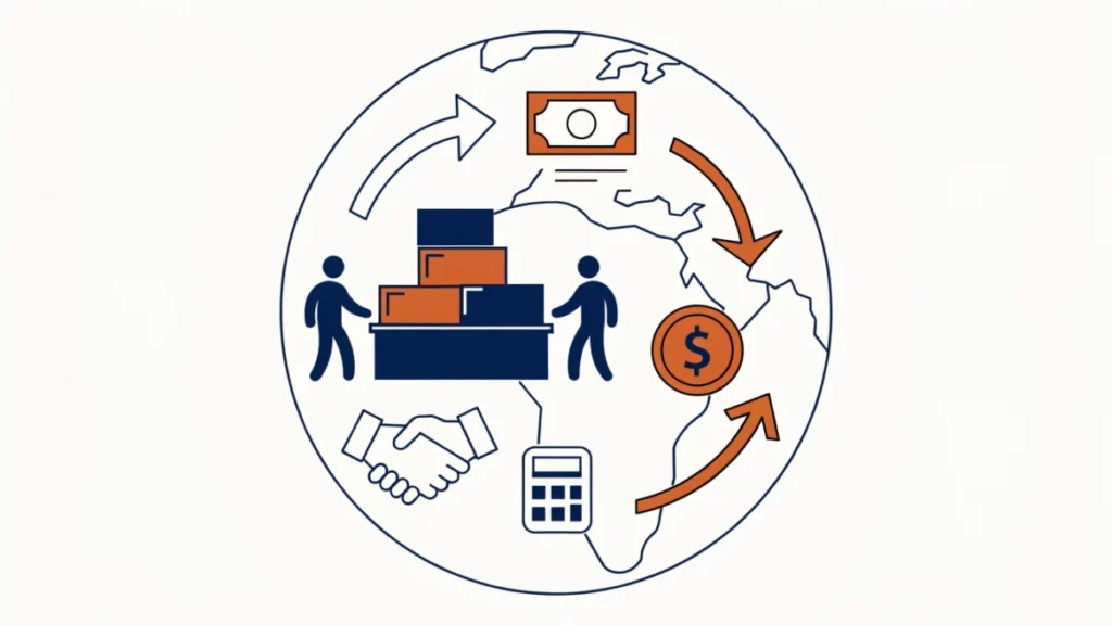 Goods trade box inside a wider circle of services and capital flows, illustrating BoT vs BoP