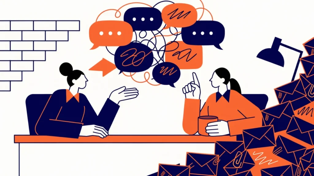 Colleagues blocked by a wall of tangled speech bubbles and emails, illustrating communication barriers