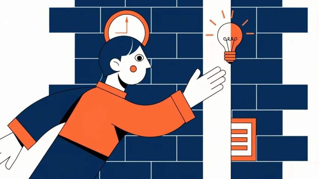 Idea lightbulb trapped behind a wall of fear and rules, illustrating barriers to creativity