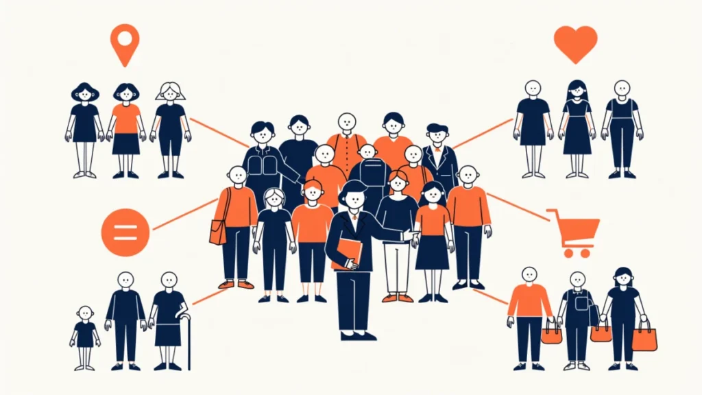 Marketer sorting consumers into groups by location, age, lifestyle and behaviour, illustrating market segmentation