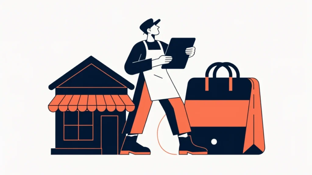 Chef entrepreneur in front of a small restaurant with a delivery bag