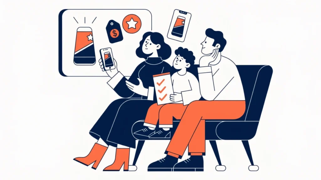 Family comparing products from a TV ad and phone, illustrating benefits of advertising to consumers
