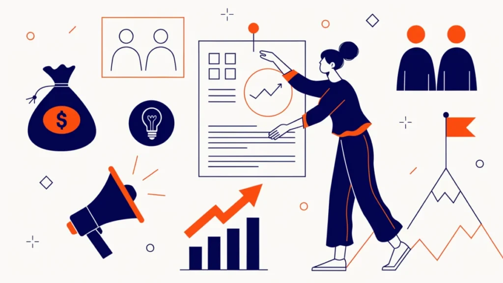 Founder pinning a business plan surrounded by funding and growth icons