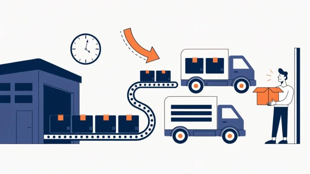 Parcels moving smoothly from warehouse to trucks to a happy customer