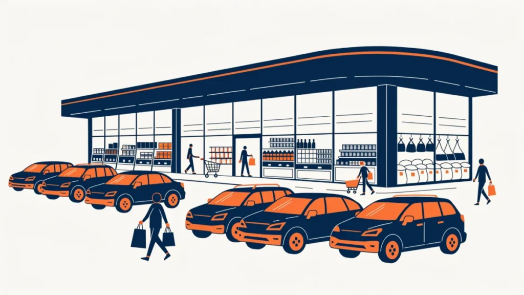 Large supermarket with shoppers and parking, illustrating benefits and features of supermarkets