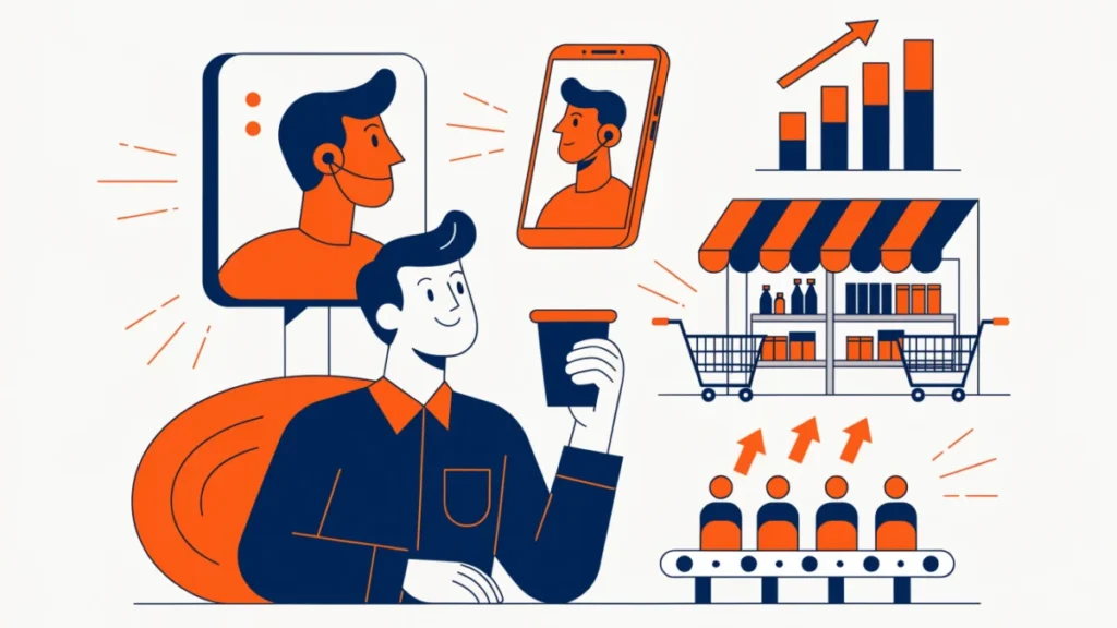 Manufacturer watching a campaign spread while production and sales rise, illustrating benefits of promotion