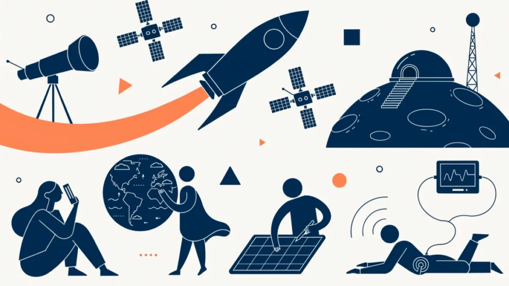 Rocket and satellites above people using phones and weather maps, illustrating benefits of space exploration