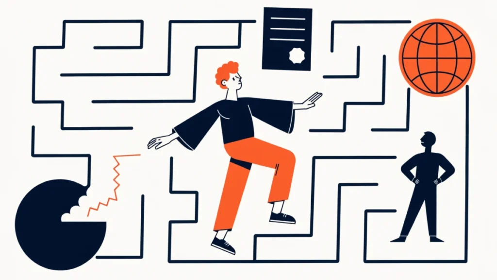 Business owner navigating a maze of finance, legal and competitor obstacles