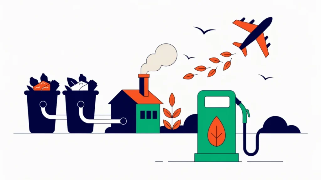 Green fuel pump, waste-fed biorefinery and a plane with a leaf trail