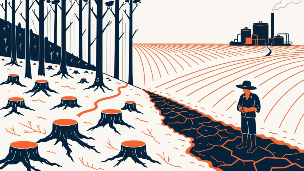 Cleared forest turning into monoculture crops feeding a biofuel plant