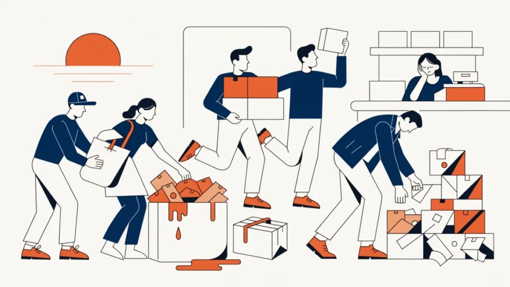 Crowded store at dawn with overflowing bags, packaging waste and a tired cashier