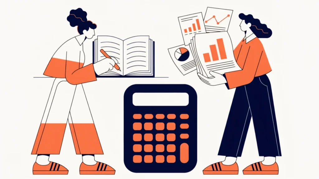 Bookkeeper with a ledger beside an accountant presenting statements, illustrating bookkeeping vs accounting