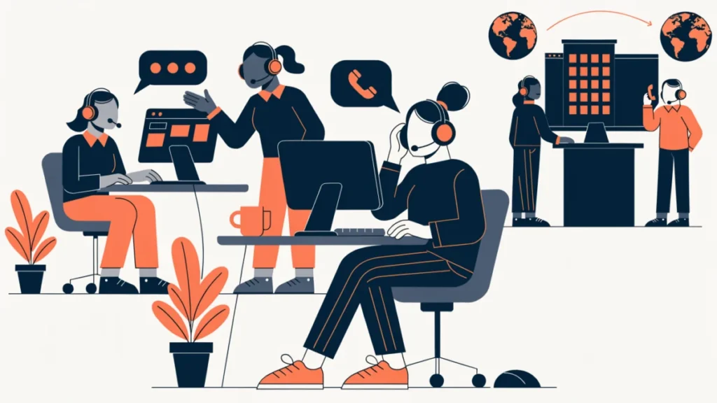Outsourcing office staff with headsets serving a client across the globe