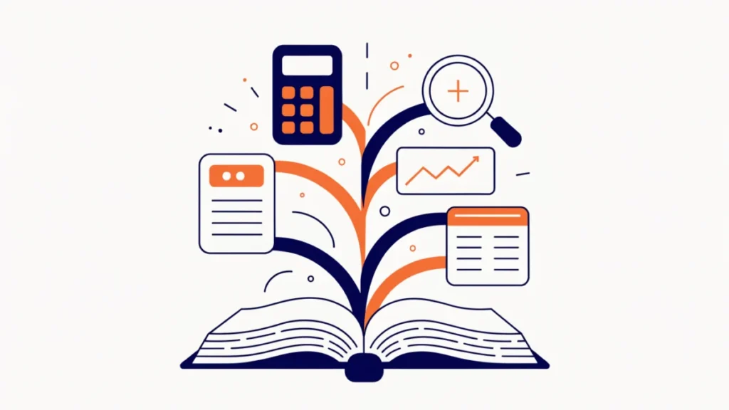Ledger tree branching into tax, cost, audit and payroll tools, illustrating branches of accounting