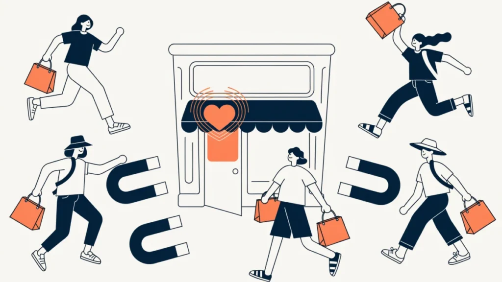 Loyal customers drawn back to a storefront with a heart badge