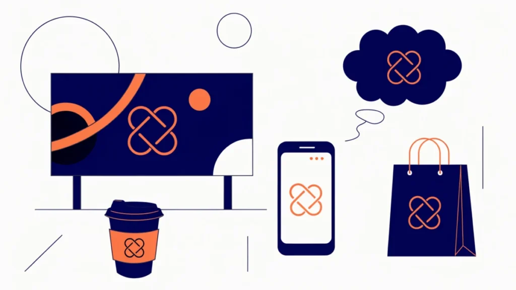 Same brand emblem on a billboard, phone, bag and cup and in a customer thought bubble