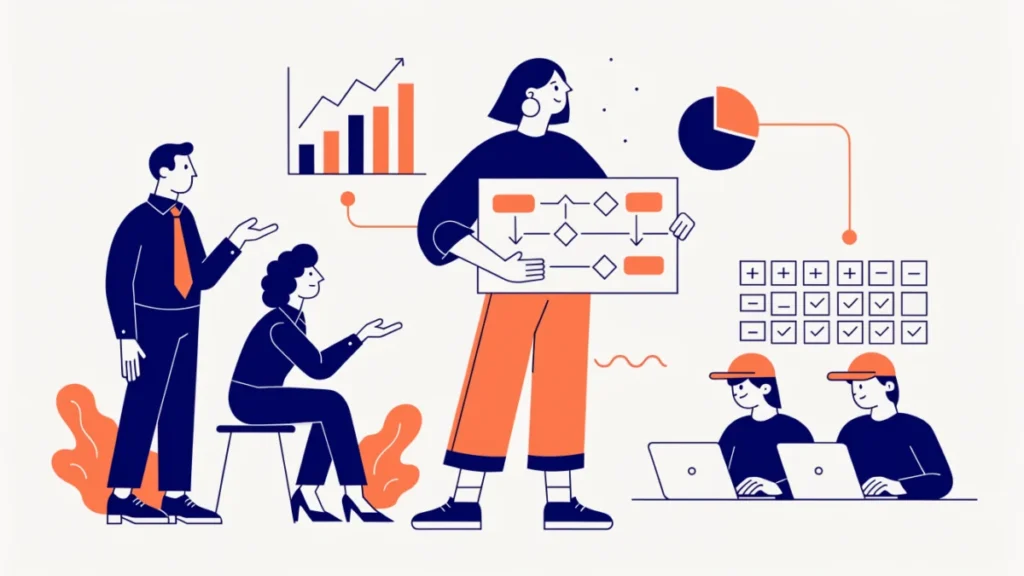 Business analyst connecting managers and developers with a process flowchart