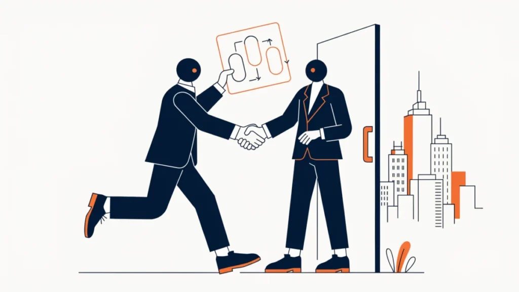 Executive opening a door to a new market and shaking hands with a client
