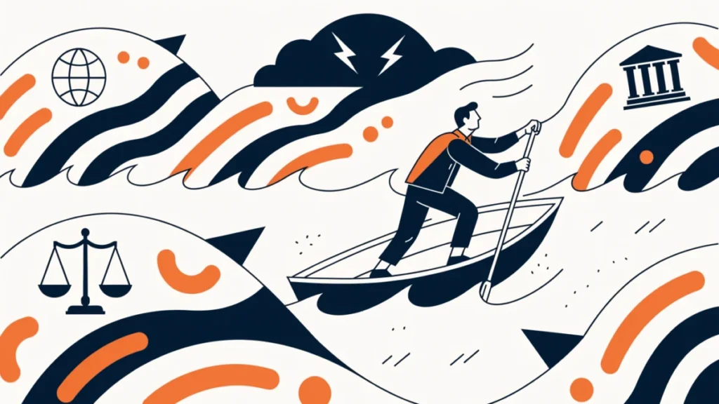 Business leader steering a boat through waves of environmental, ethical and global pressures