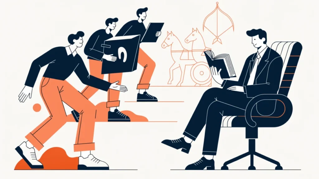 Business leader reading an old book with a chariot motif behind, illustrating business lessons from the Bhagavad Gita