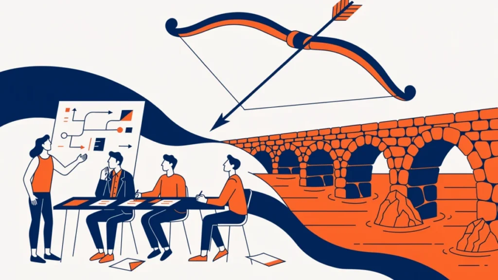 Business team at a strategy board with an ancient bow and stone bridge behind, illustrating business lessons from the Ramayana