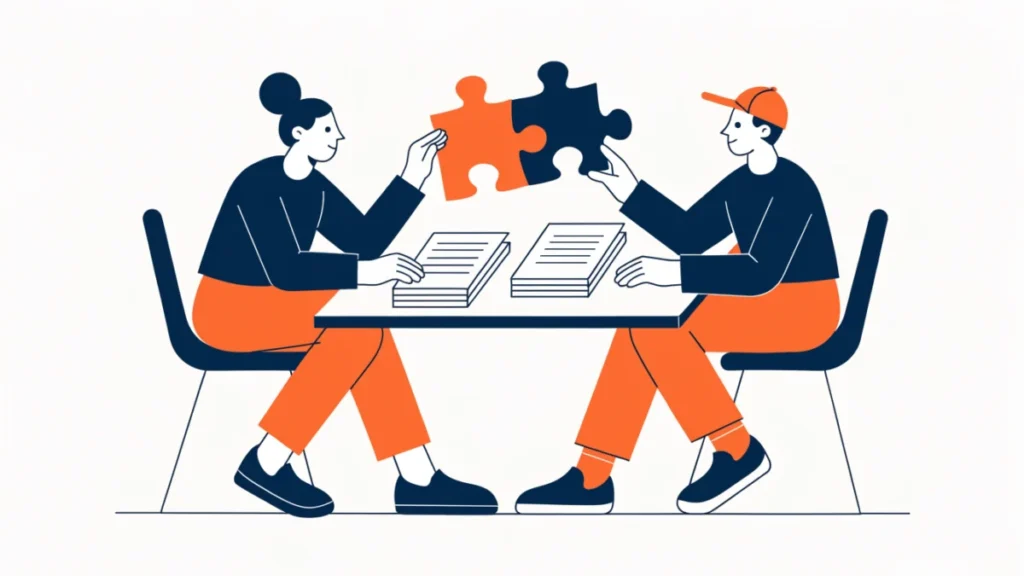 Two negotiators fitting puzzle pieces together across a table