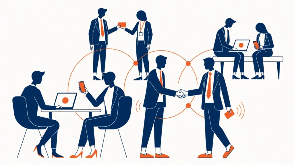 Professionals connecting at a conference lounge linked by a glowing web