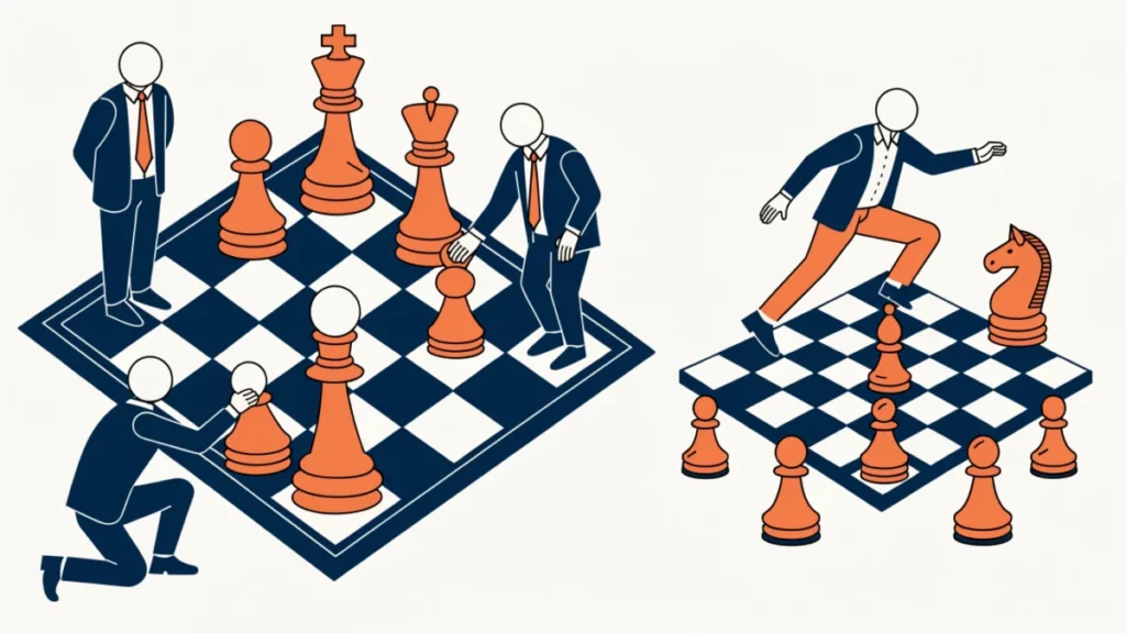 Board moving company pieces on a chessboard beside a business unit game