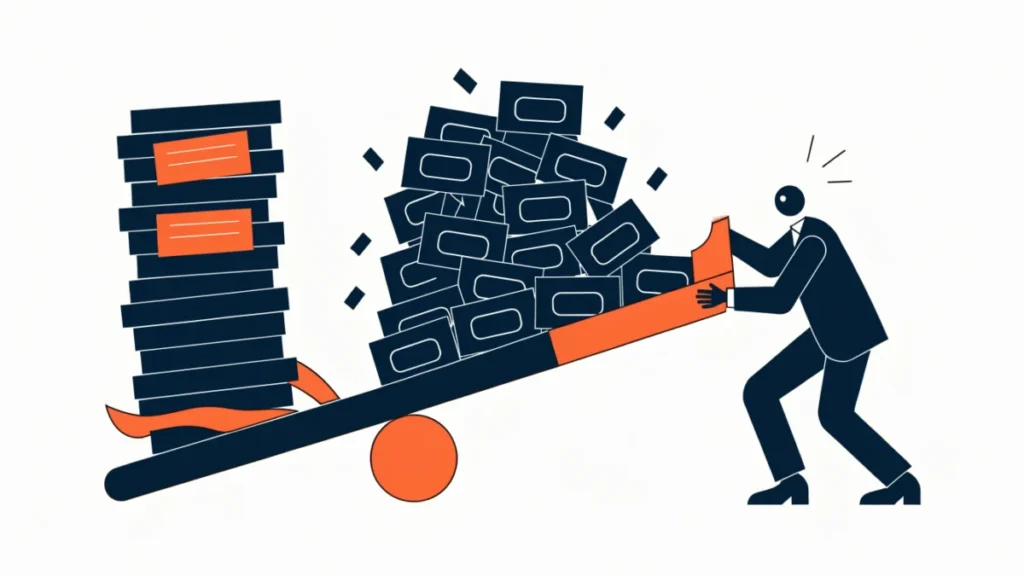 Seesaw balancing loan documents against equity shares, illustrating capital gearing