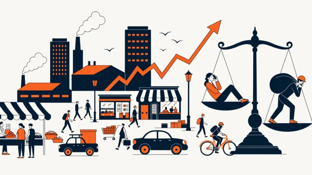 Free-market street with a scale weighing wealth against hardship, illustrating pros and cons of capitalism